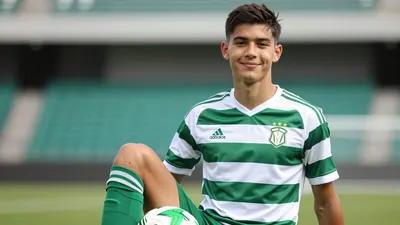 A 21-year-old, anonymous, Boston United player, wearing a green and white striped shirt, with a green and white striped...