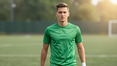 A tight waist-up shot of a young, athletic-looking midfielder in his mid-20s, wearing a clean, bright green jersey with...